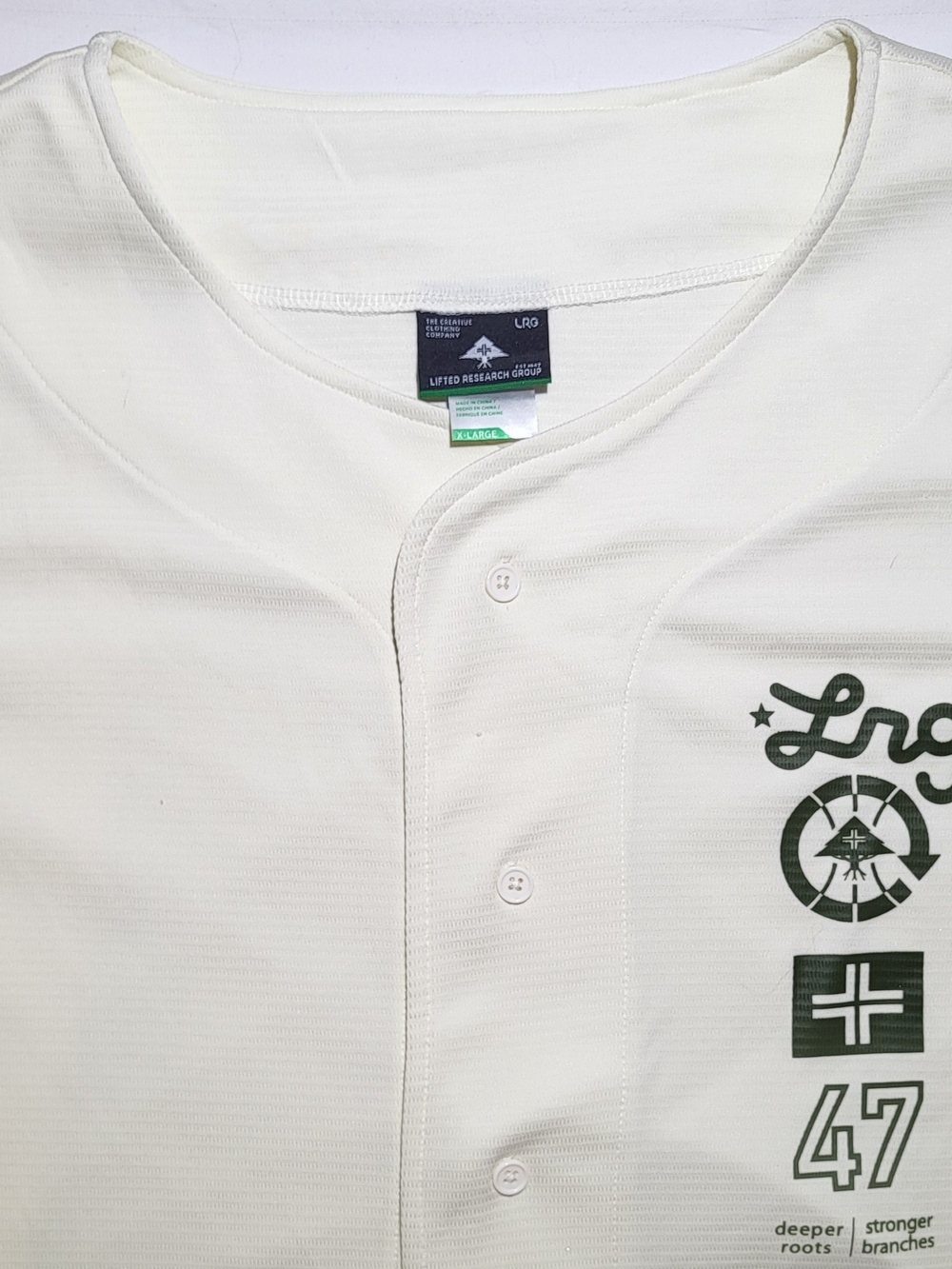 Lrg Cream Button-Up Baseball Style Jersey with Green Logo